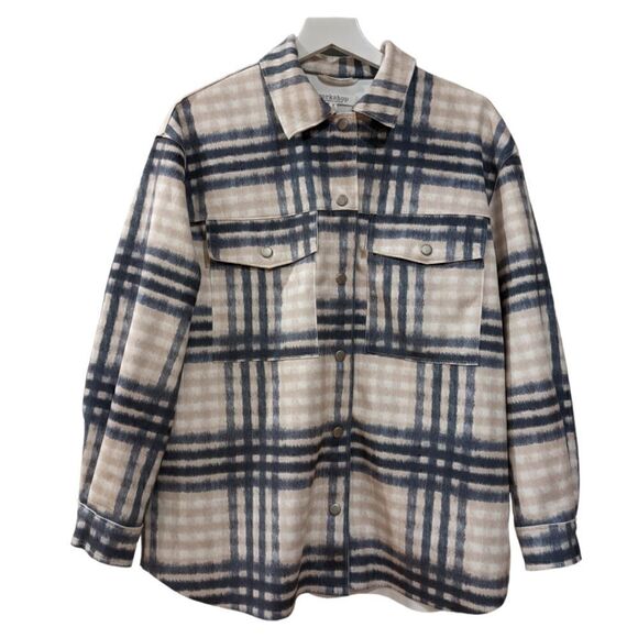 Workshop Republic Clothing Oversized Cream & Blue Plaid Faux Leather Shacket S - Picture 2 of 9